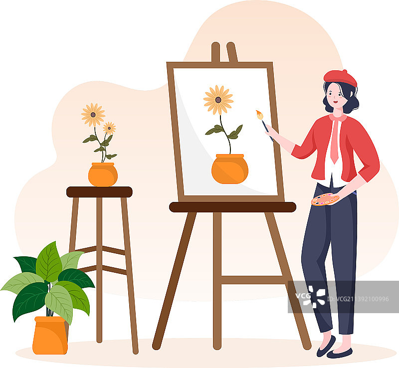 用画架绘画的扁平风格画作图片素材