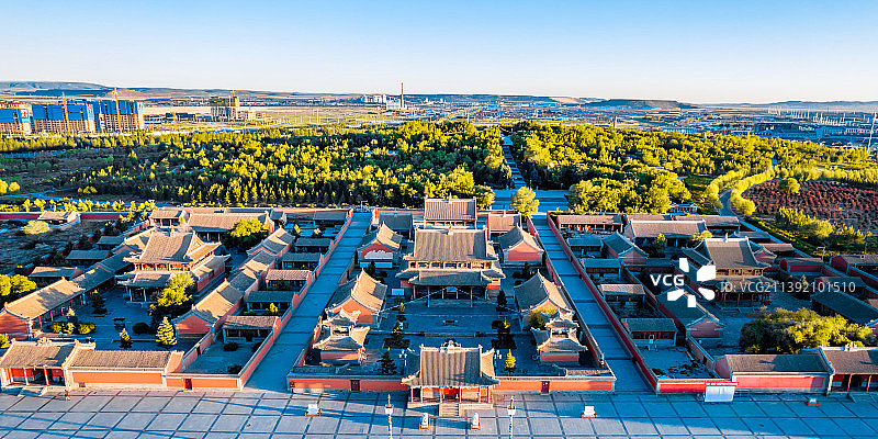 内蒙古锡林郭勒锡林浩特市贝子庙清晨风光航拍图片素材