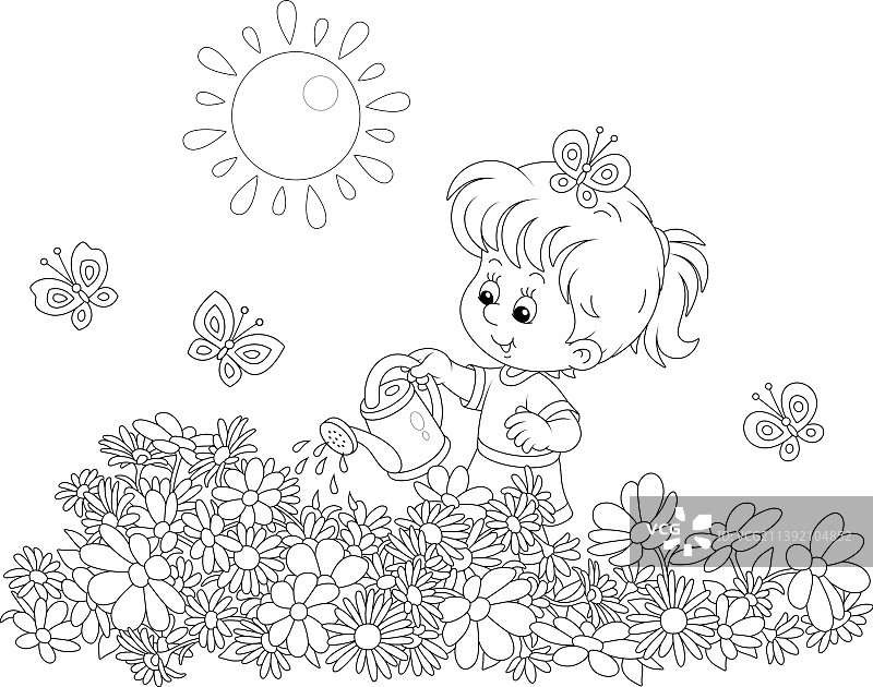 快乐的小女孩给漂亮的花朵浇水图片素材