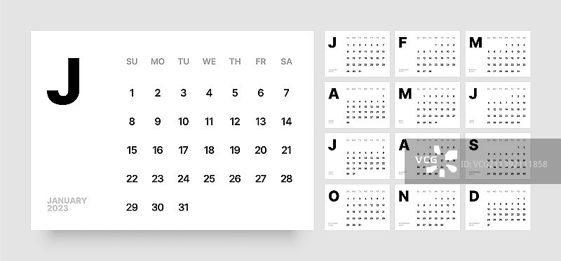 2023年每月日历（周日开始）图片素材