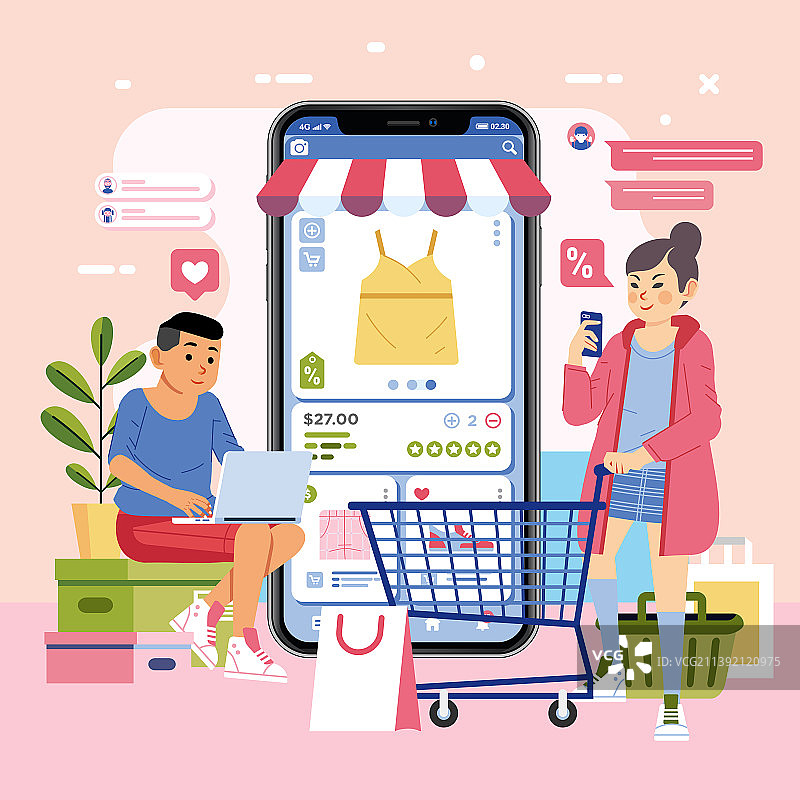 男孩坐在箱子上用笔记本电脑，女孩在一旁图片素材