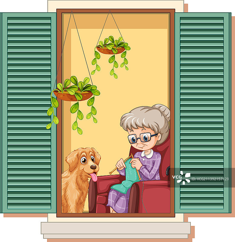 透过窗户看奶奶织毛衣图片素材