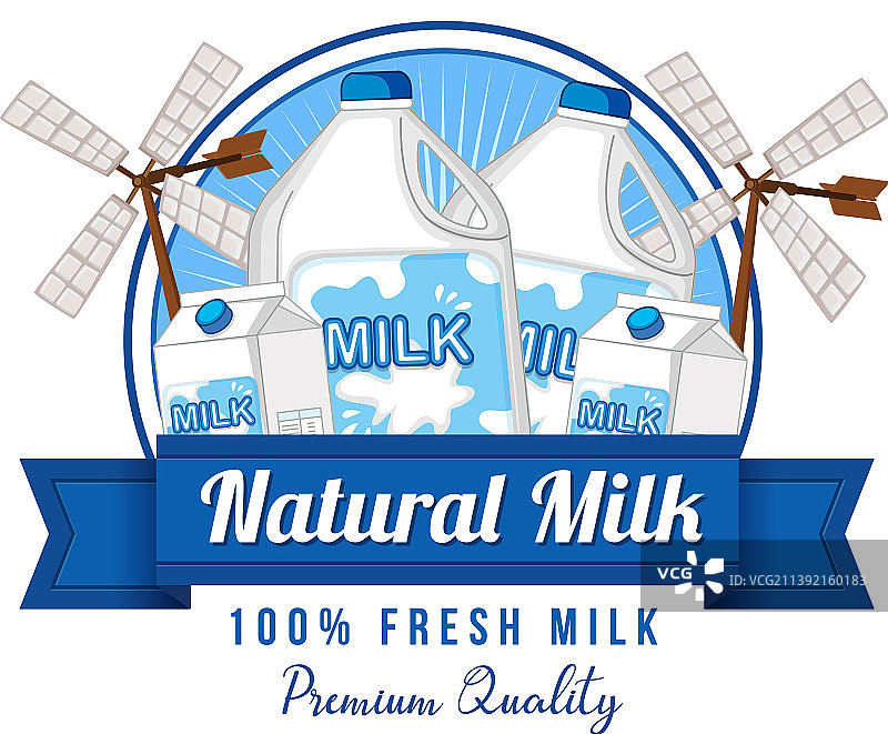 带有卡通奶牛的天然牛奶标签标志图片素材