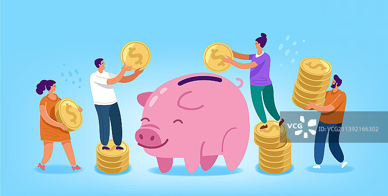人们携带硬币并将钱放入存钱罐图片素材