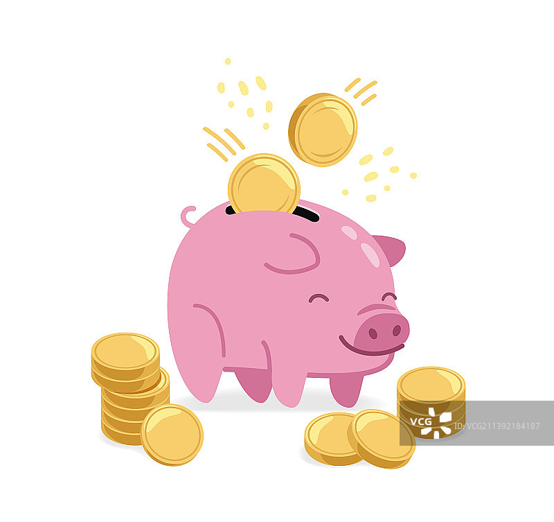 粉色小猪存钱罐和金币，存钱图片素材