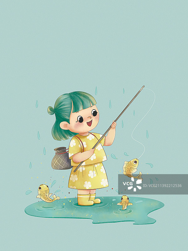 夏天下雨天钓鱼的快乐女孩插画图片素材