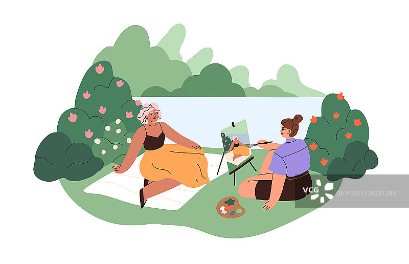 画家在自然中绘画女子图片素材