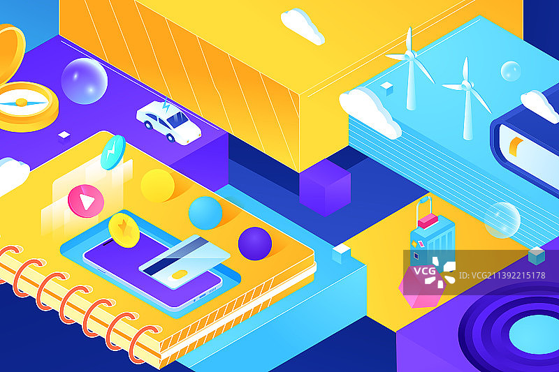 卡通2.5D等距二维微立体互联网商务科技概念充电新能源汽车出行旅游度假城市交通金融理财渐变矢量插画图片素材