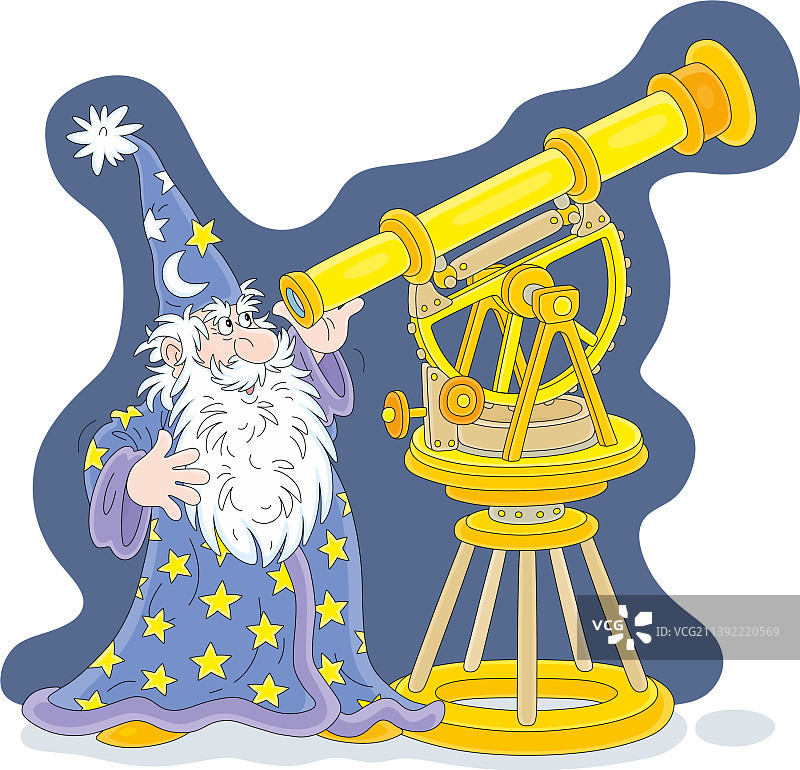 拥有旧望远镜的魔术师占星家图片素材