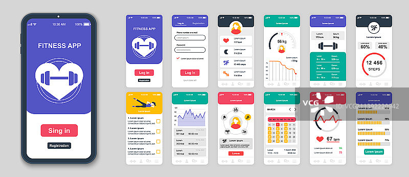 健身App扁平化UI UX GUI界面设计图片素材