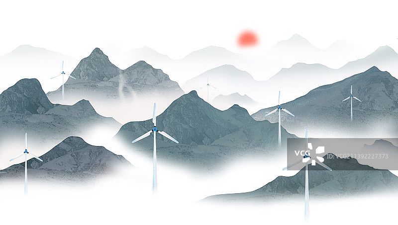 中国风诗意水墨山水瀑布低碳高山风能发电图片素材