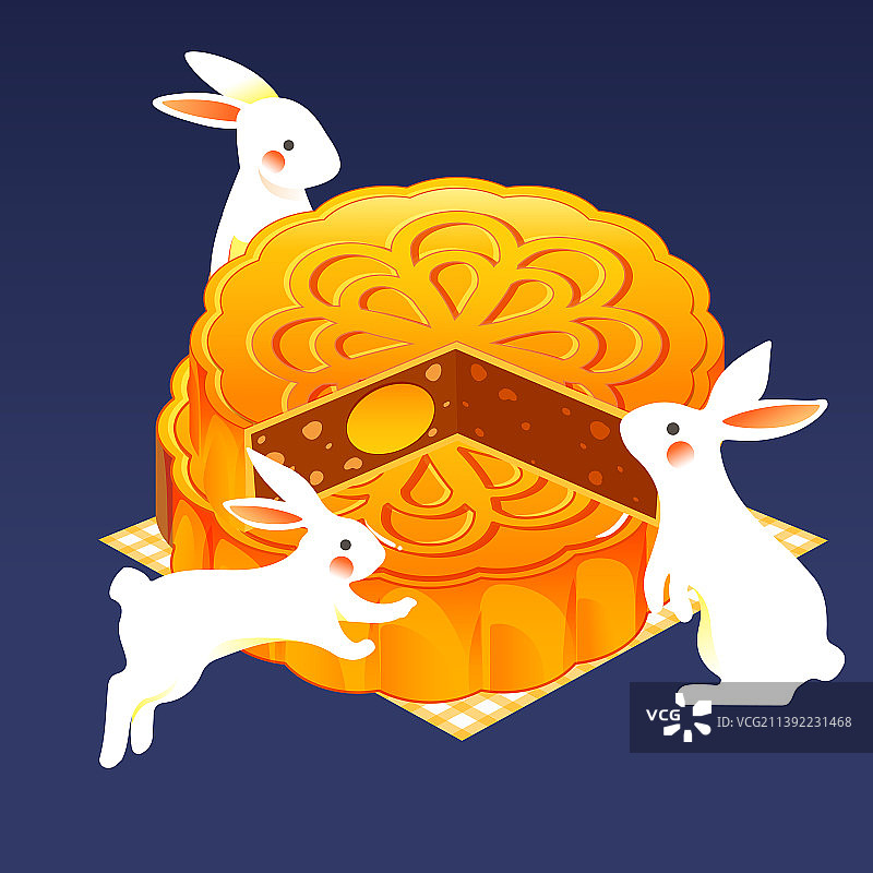 中秋节玉兔赏月吃月饼传统节日兔子望月插画图片素材