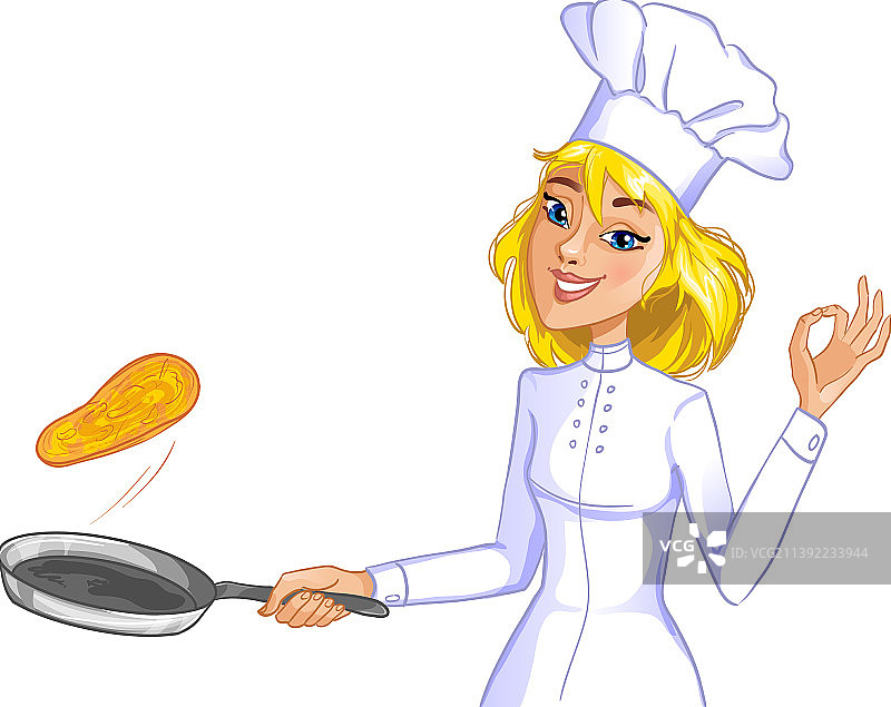 可爱的厨师女孩在煎锅里抛煎饼图片素材