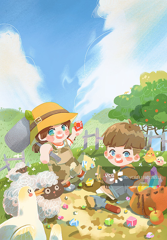 插画户外农场挖矿的儿童图片素材