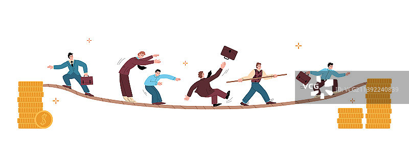 商务人士在金钱之间的绳索上保持平衡图片素材