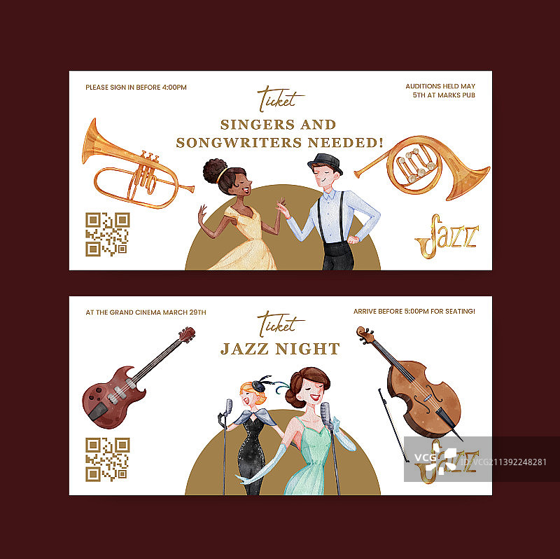 爵士音乐水彩票务模板图片素材