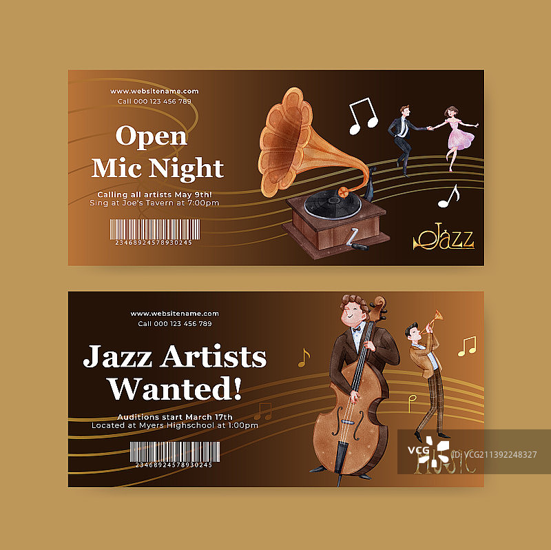 爵士音乐水彩票务模板图片素材