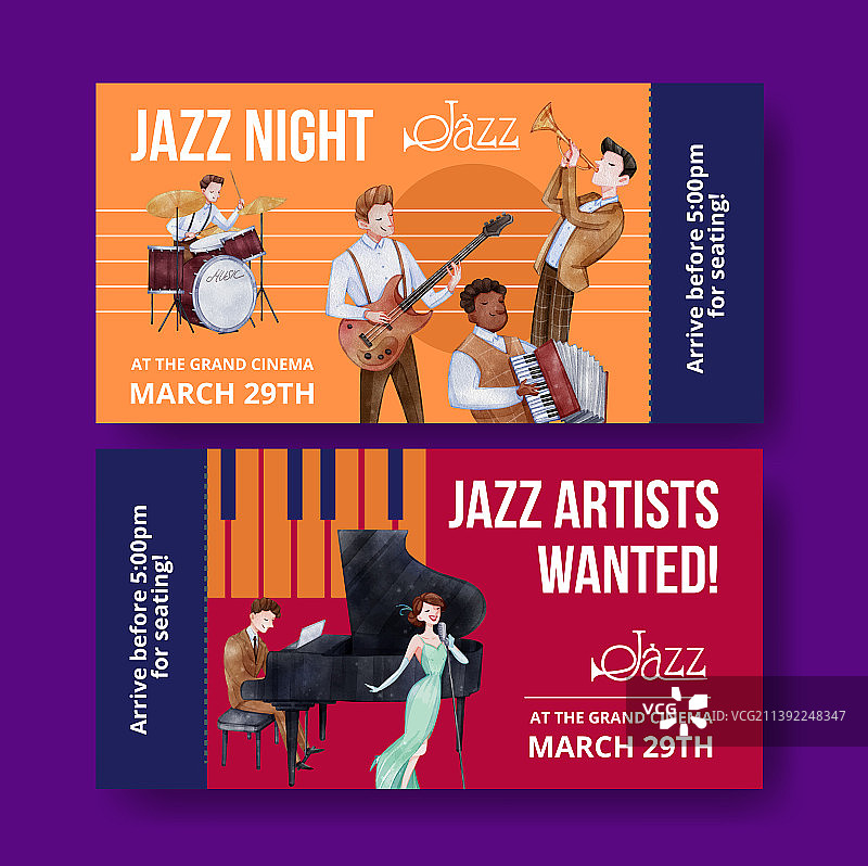 爵士音乐水彩票务模板图片素材