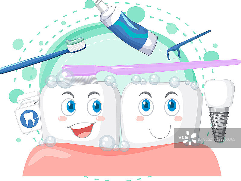 快乐的牙齿用牙科清洁用品刷牙图片素材