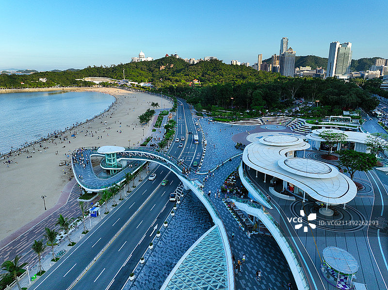 广东省珠海市香洲区珠海大剧院珠海渔女香炉湾航拍图片素材