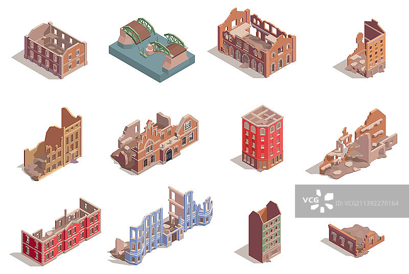 被毁坏的建筑物2.5D模型图片素材