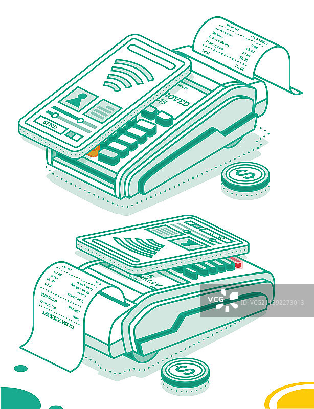 2.5D带智能手机和现金的POS机图片素材
