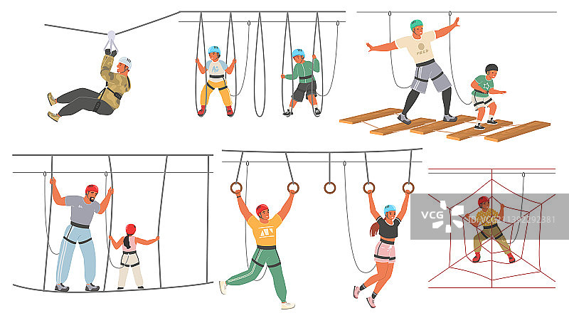 绳索探险公园里的成人和儿童图片素材