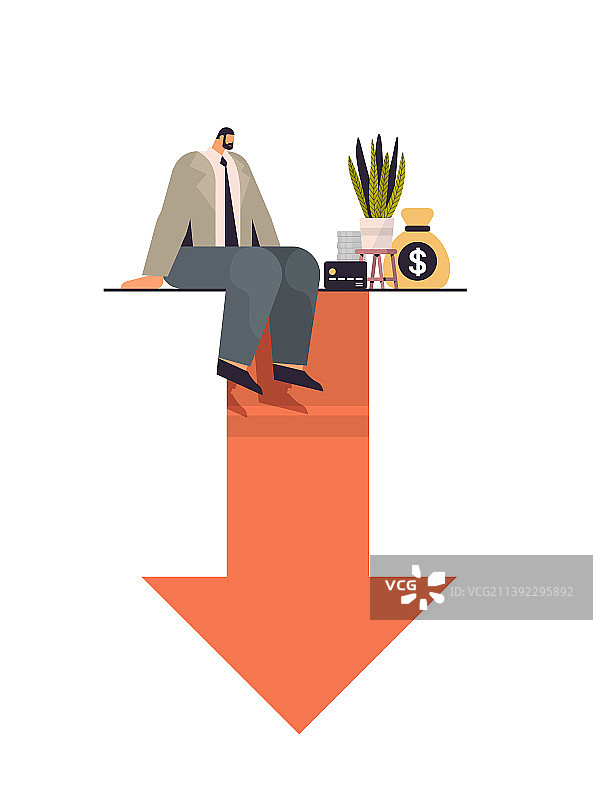 商人坐在向下红色箭头上图片素材