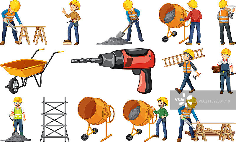 建筑工人与工具套装图片素材