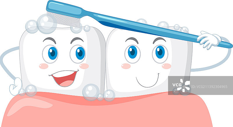 快乐的牙齿在白色背景上自己刷牙图片素材