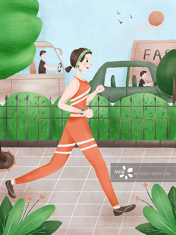 小清新简约风健身运动季女孩在城市街道跑步插画图片素材
