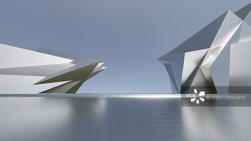 三维渲染未来抽象科技感建筑与地面平台图片素材