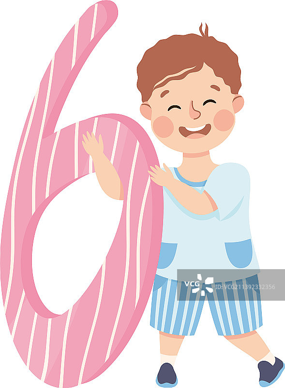 拿着巨大数字“6”的小男孩图片素材