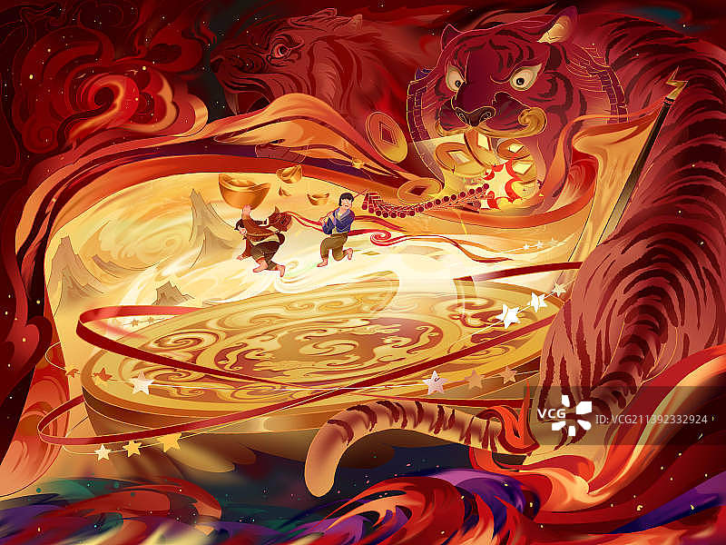 红色老虎冒险插画图片素材