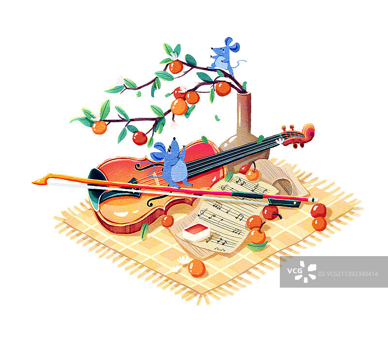 小提琴花瓶组合扁平风插画图片素材