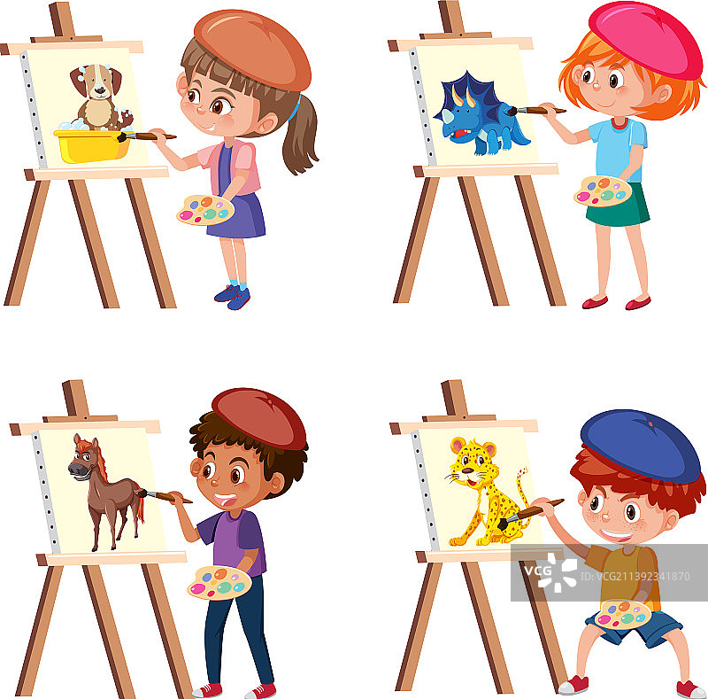 画布上的男孩和女孩绘画套装图片素材