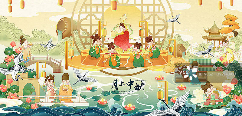 月上中秋之玉兔贺秋线性国潮风节日插画图片素材