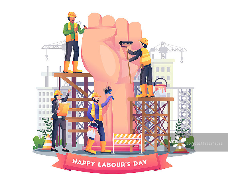 建筑工人正在建造一个巨大的拳头图片素材