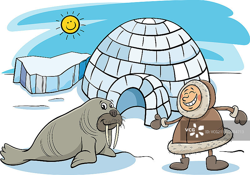 卡通爱斯基摩人与海象和冰屋图片素材