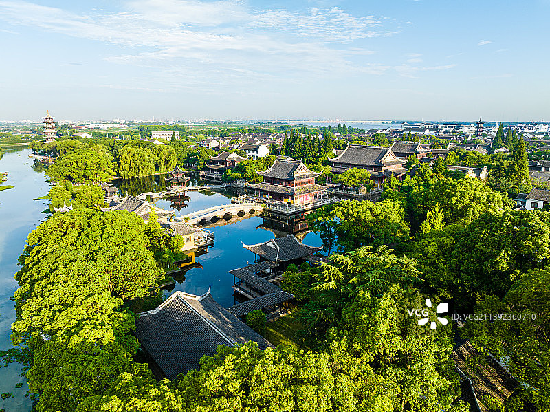 江苏苏州周庄航拍，全福讲寺图片素材