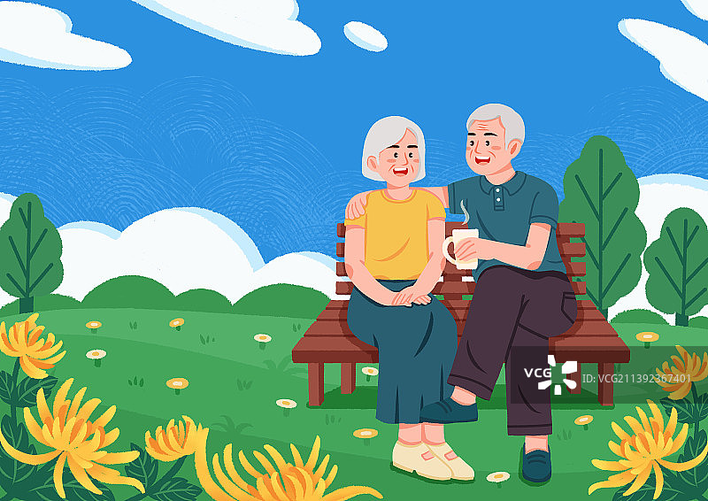重阳节，老年人夫妻坐在公园椅子观赏菊花图片素材