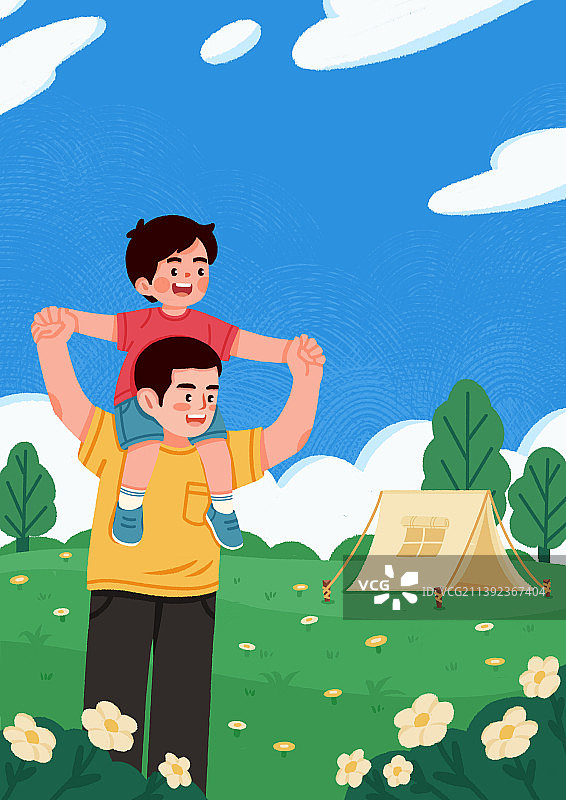 爸爸带孩子外出露营，帐篷，夏令营图片素材