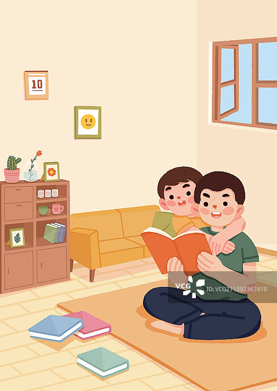 爸爸陪孩子居家看书学习，图片素材