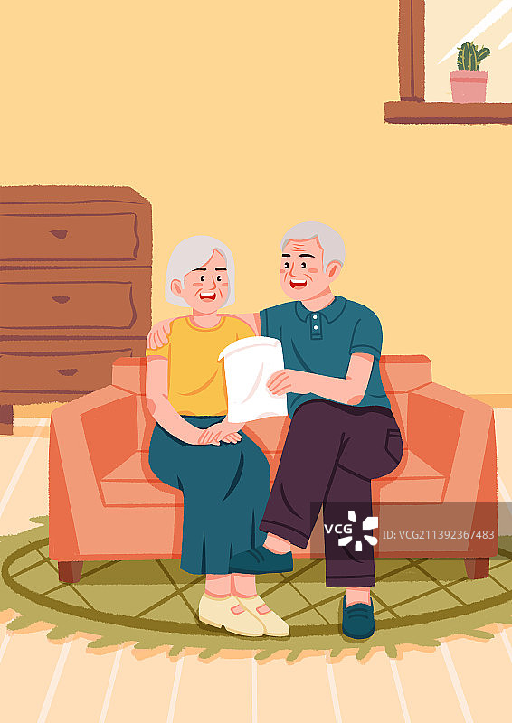 老年人坐在沙发上拿着保险单，养老保险图片素材