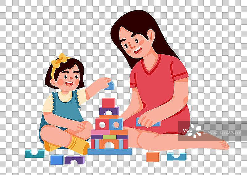 妈妈陪孩子居家玩积木益智游戏图片素材