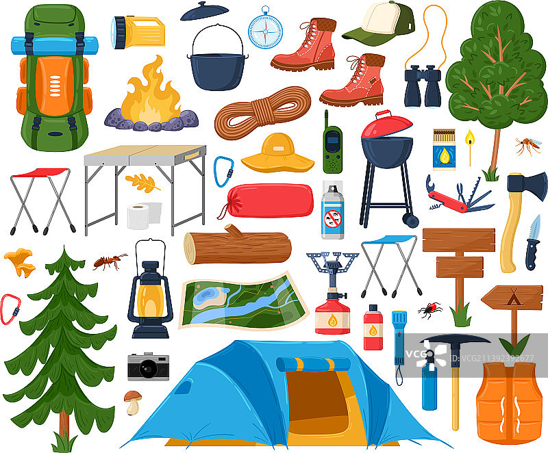 卡通徒步旅行装备野营篝火图片素材