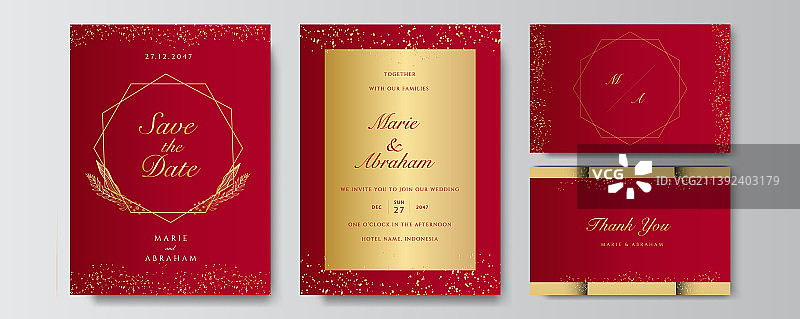高级优雅金色红色婚礼邀请函图片素材