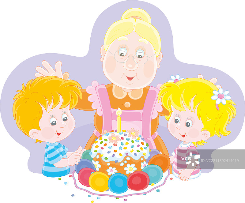 快乐的奶奶和小孩子们与复活节蛋糕图片素材