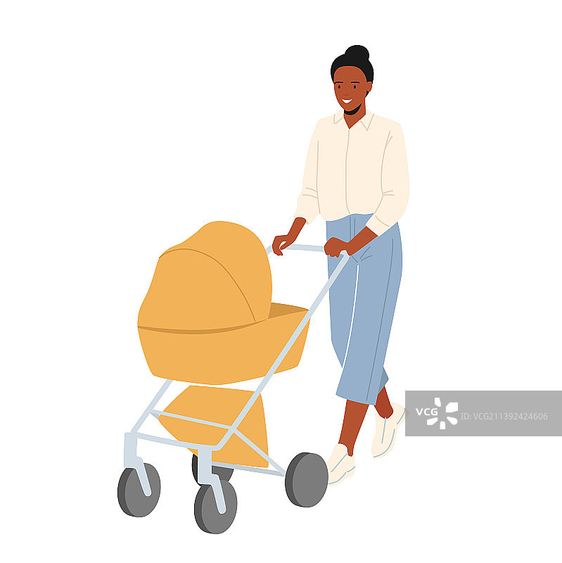 年轻母亲推着婴儿车的育儿概念图片素材