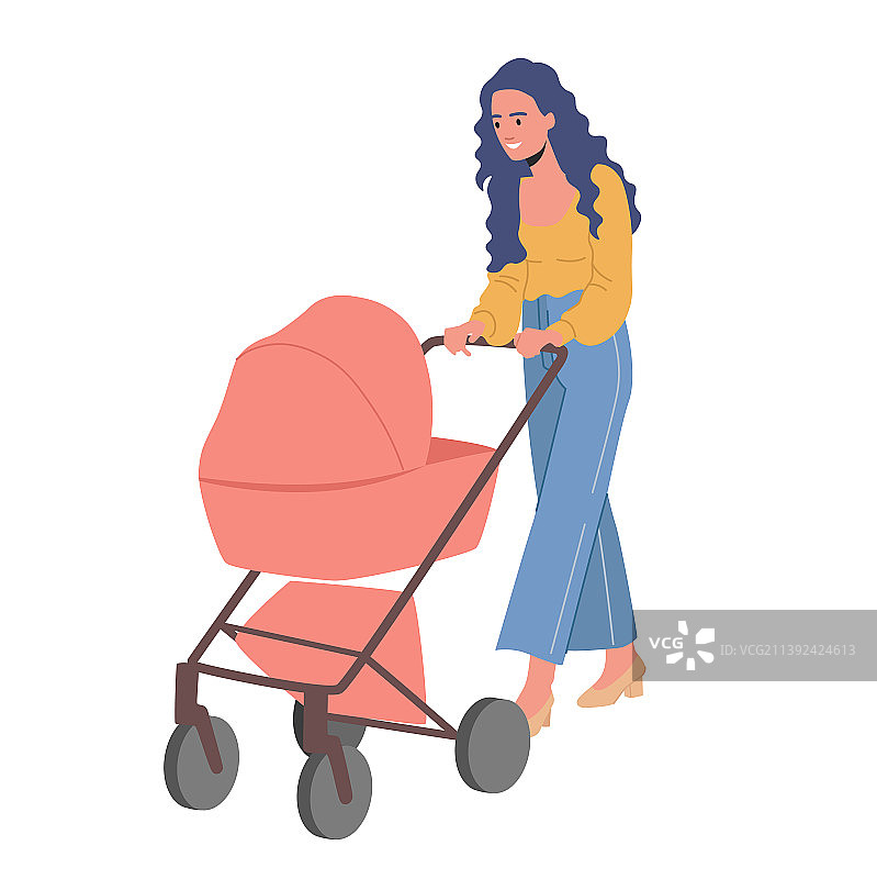 推着婴儿车与妈妈一起步行的年轻女人图片素材